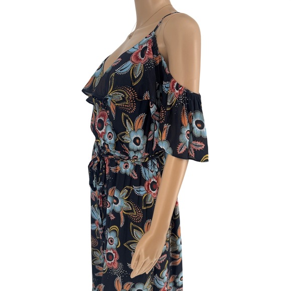 Ann Taylor Loft Floral Cold Shoulder Maxi Dress Navy Blue Large Wrap Tie Waist - Picture 10 of 16